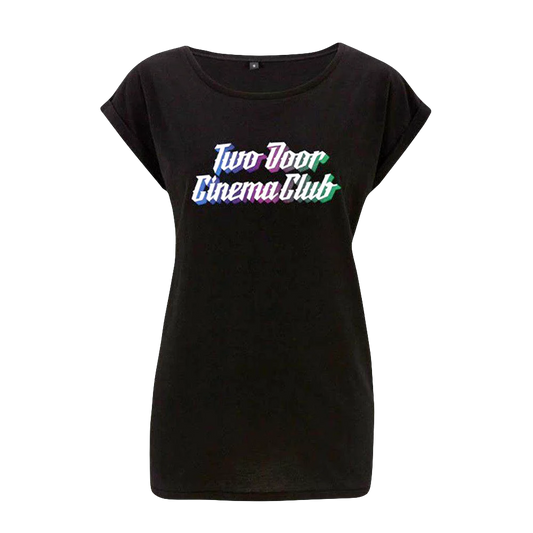 Color Logo Black Rolled Sleeve Ladies T-Shirt